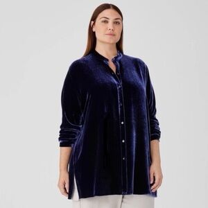Eileen Fisher Velvet Band Collar Long Shirt Midnight Blue Size 2X